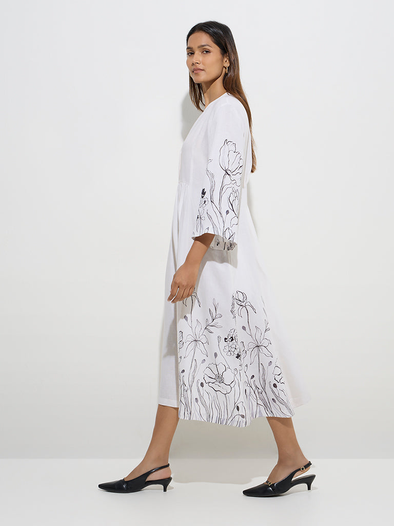 Westside Zuba Women's White Floral Print A-Line Dress for Work Wear Front View