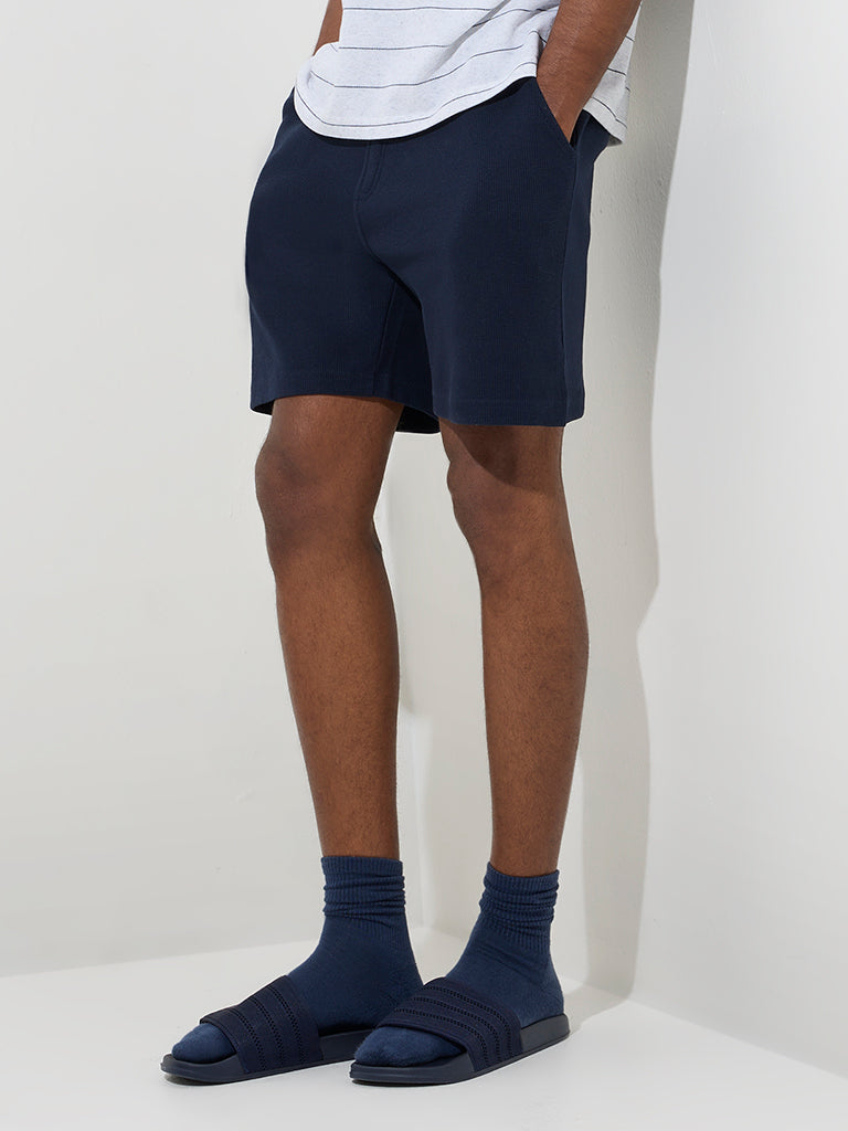 Westside WES Lounge Men's Navy Relaxed-Fit Mid-Rise Cotton-Blend Shorts for Casual Wear Front View
