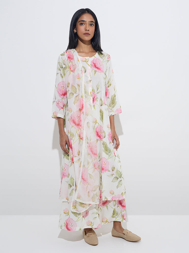 Zuba White Floral Printed A-Line Kurta