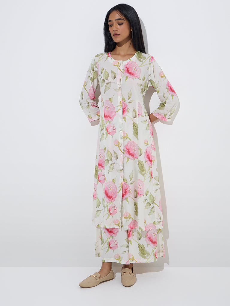 Zuba White Floral Printed A-Line Kurta