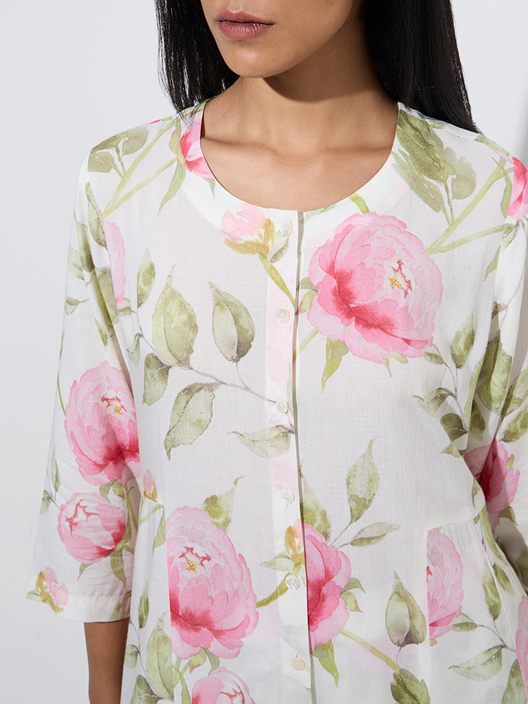 Zuba White Floral Printed A-Line Kurta