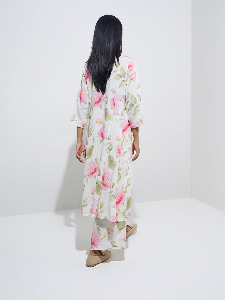 Zuba White Floral Printed A-Line Kurta