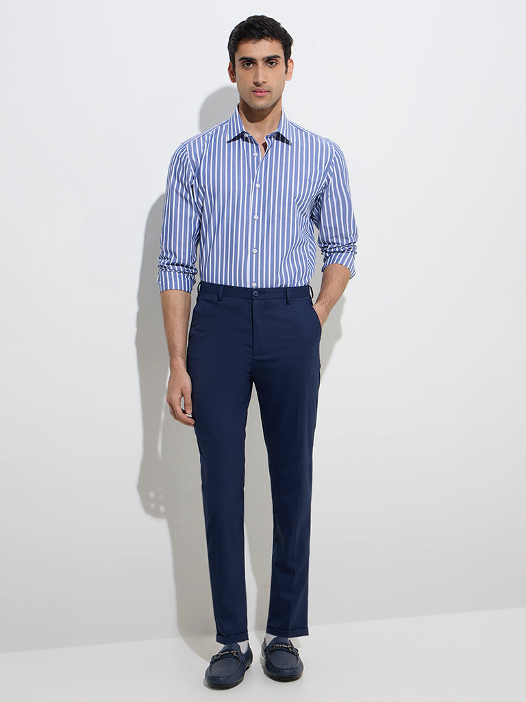 WES Formals Navy Striped Slim-Fit Cotton Shirt