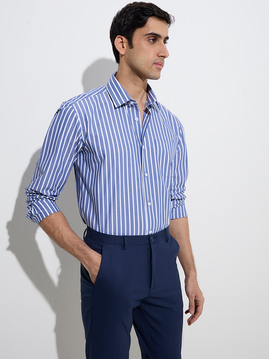 WES Formals Navy Striped Slim-Fit Cotton Shirt