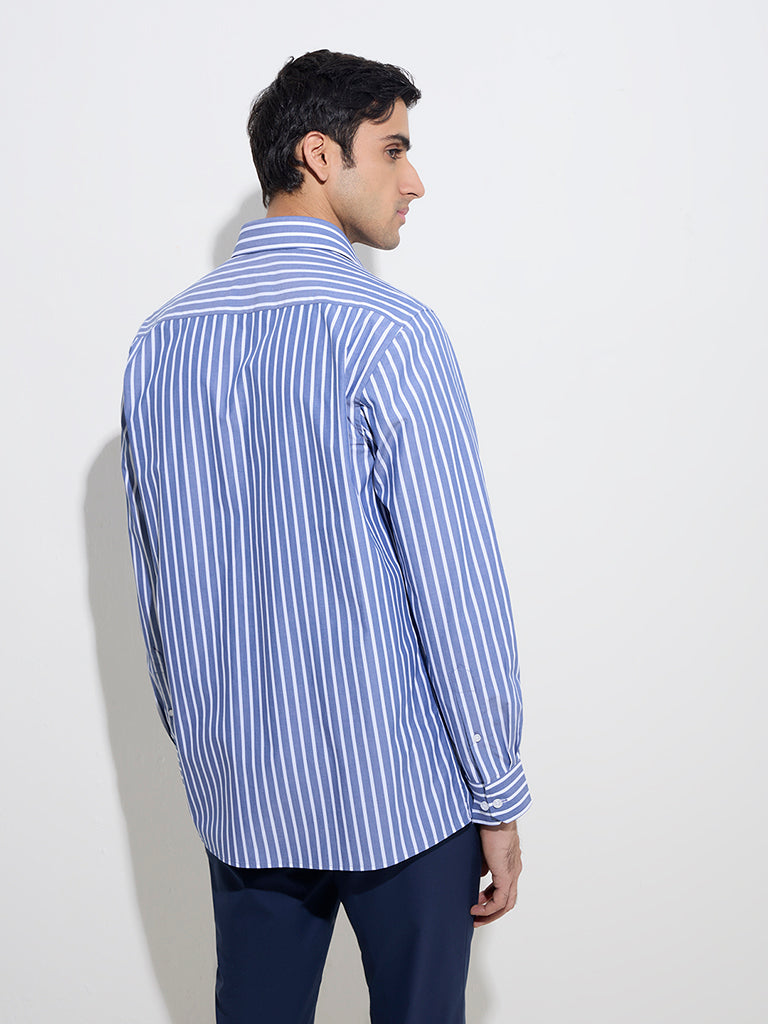 WES Formals Navy Striped Slim-Fit Cotton Shirt