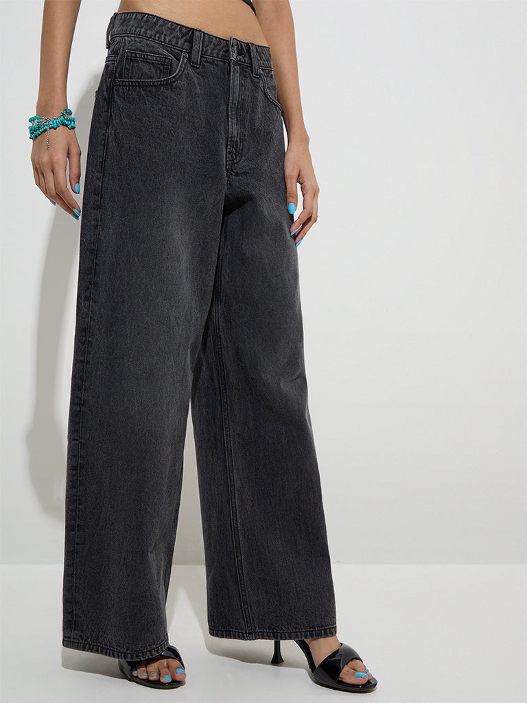 westisde Nuon Women's Charcoal Flared Relaxed-Fit Mid-Rise Jeans for Casual Wear Front View