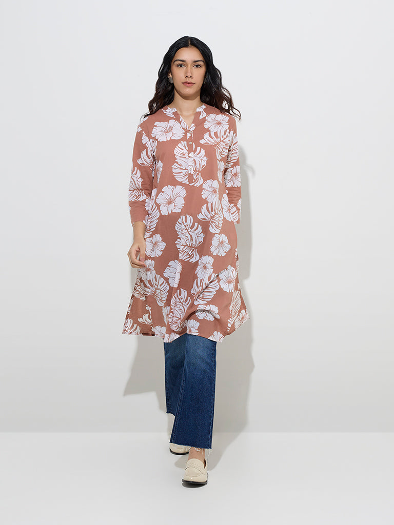 Utsa Taupe Floral Printed Straight Cotton Kurta