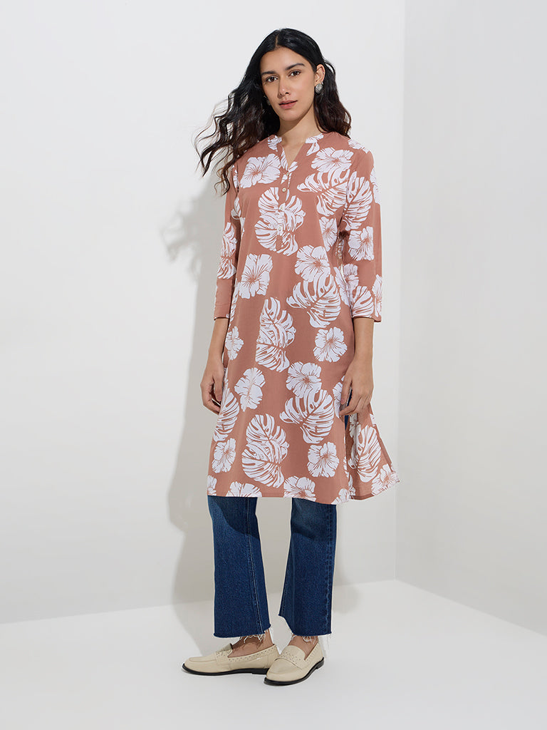 Utsa Taupe Floral Printed Straight Cotton Kurta