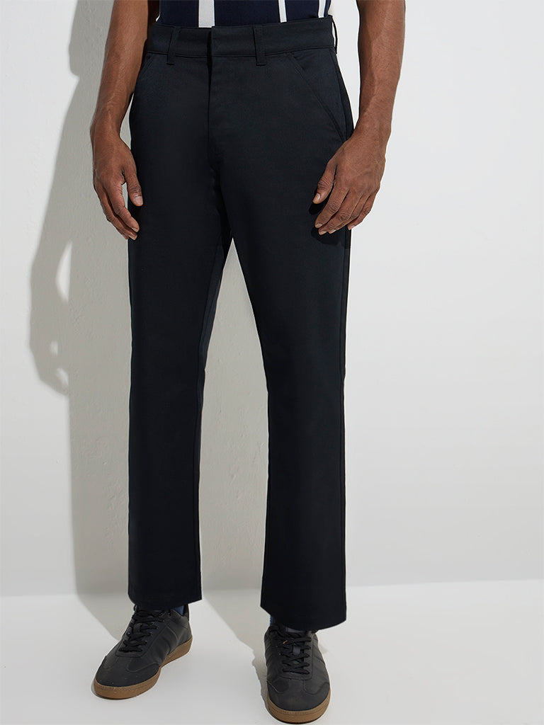 Westside WES Casuals Men's Black Relaxed-Fit Mid-Rise Cotton-Blend Trousers for Casual Wear Front View