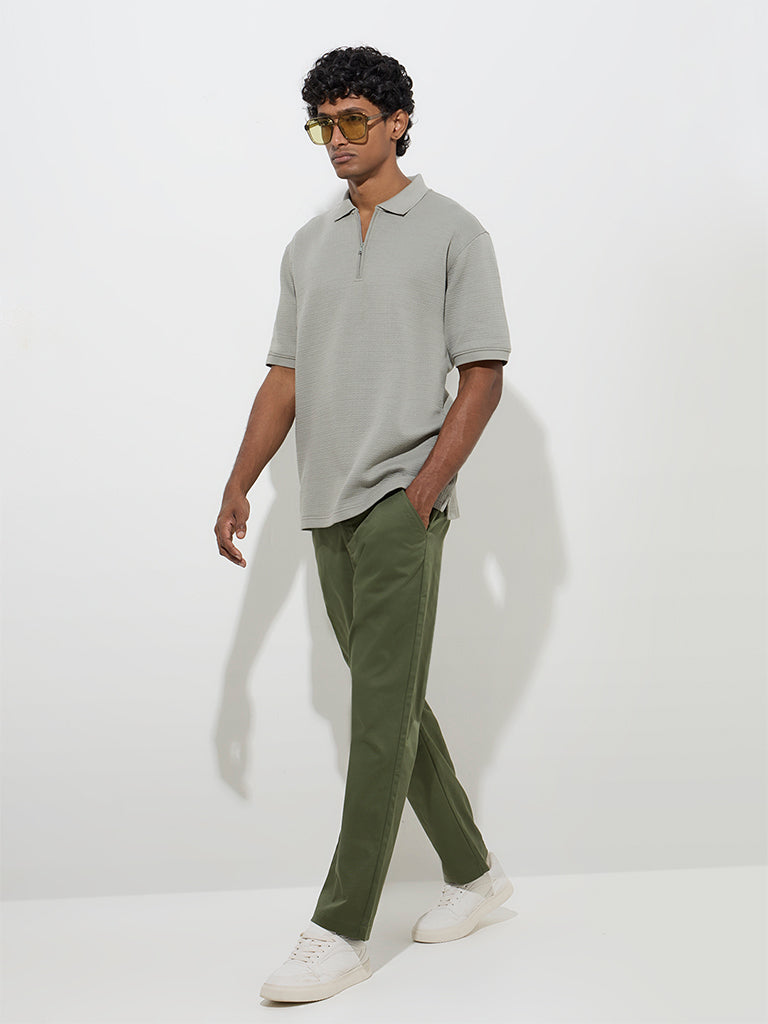 Westside WES Casuals Men's Olive Relaxed-Fit Mid-Rise Cotton-Blend Trousers for Casual Wear Full Model View