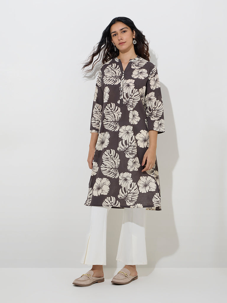 Utsa Charcoal Floral Design Straight Cotton Kurta