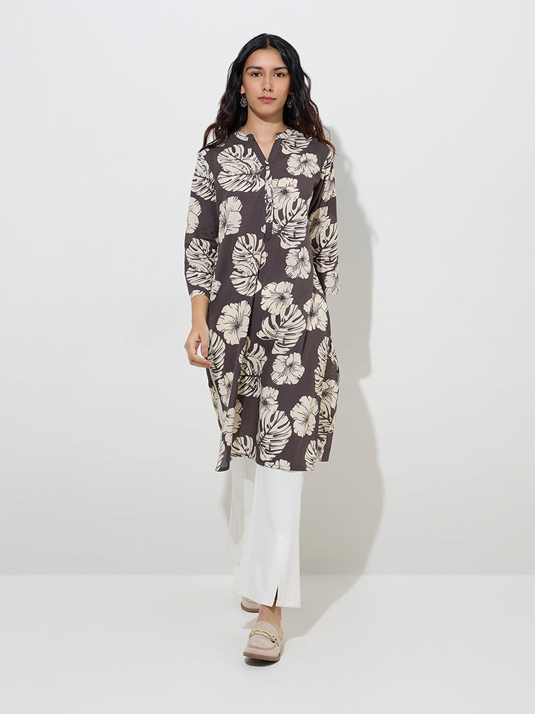 Utsa Charcoal Floral Design Straight Cotton Kurta