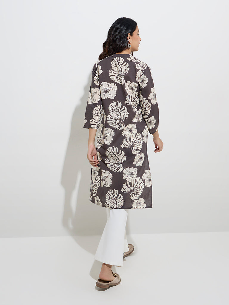 Utsa Charcoal Floral Design Straight Cotton Kurta