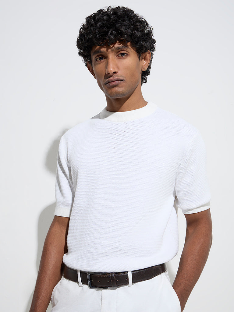 Ascot White Knit-Textured Relaxed-Fit Cotton-Blend T-Shirt