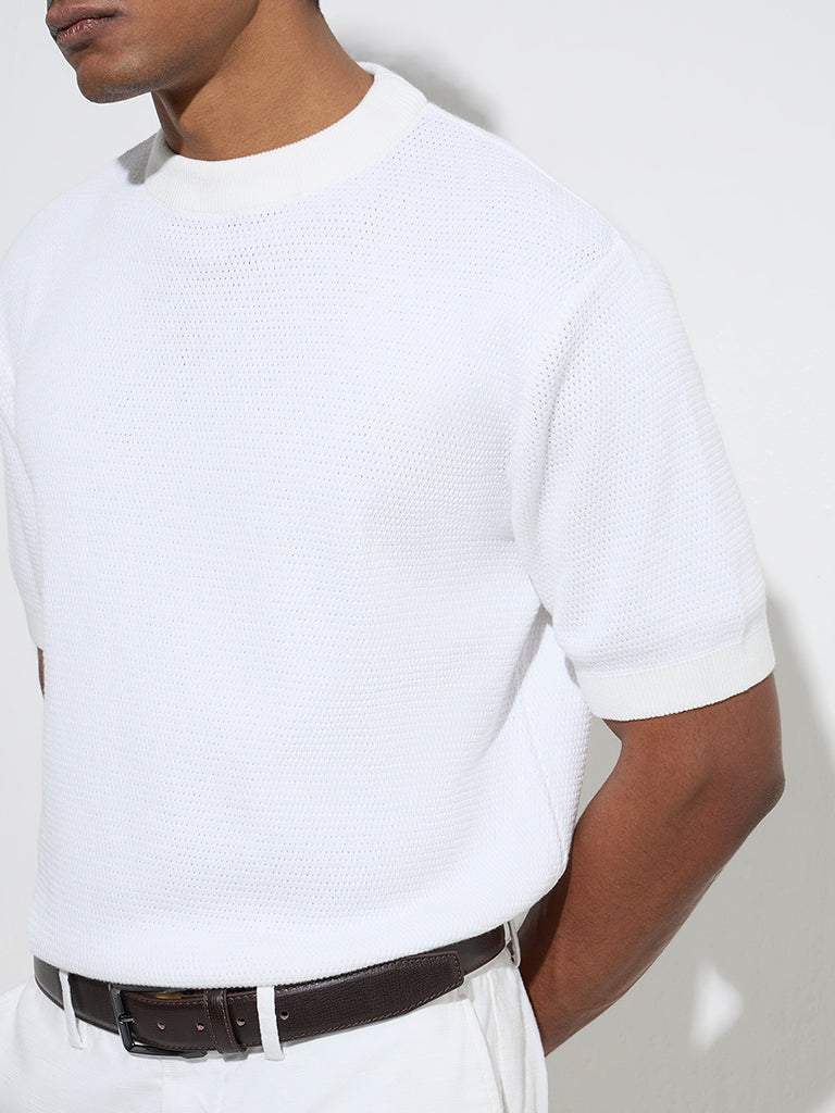 Ascot White Knit-Textured Relaxed-Fit Cotton-Blend T-Shirt