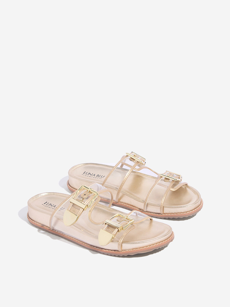 Westside LUNA BLU Women's Gold Dual-Strap Slip-On Comfort Sandals Front View