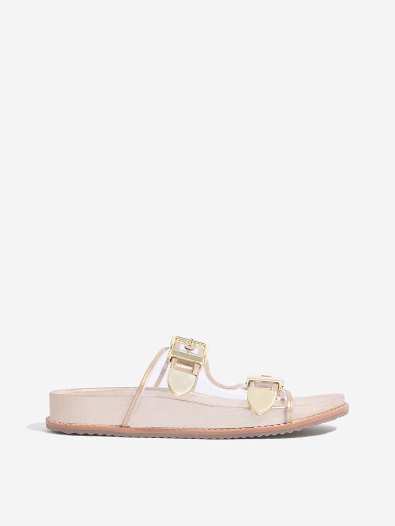 Westside LUNA BLU Women's Gold Dual-Strap Slip-On Comfort Sandals Side View