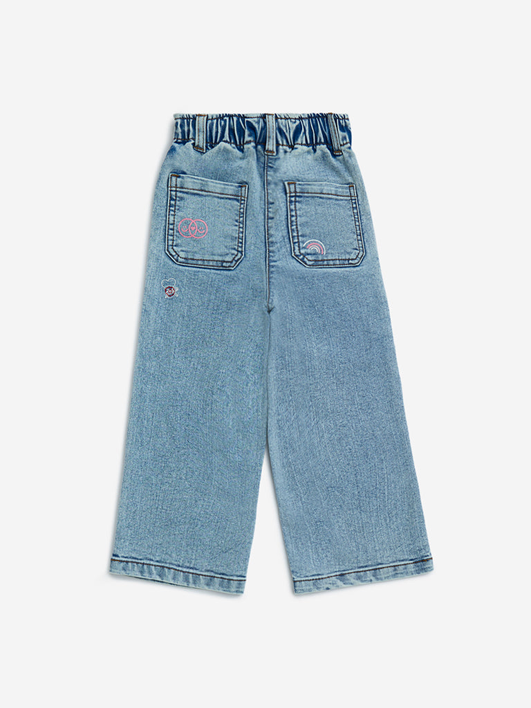 Westside HOP Kids Light Blue Faded Wide-Leg Mid-Rise Jeans for Casual Wear Back View