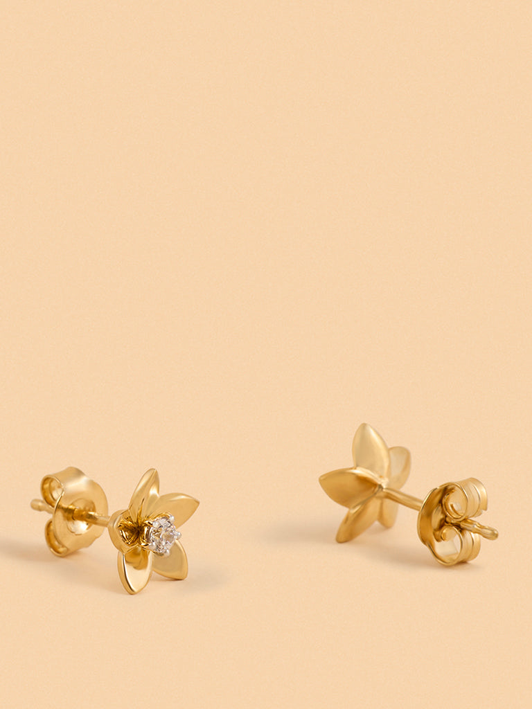 Gold Floral Solitaire Earrings