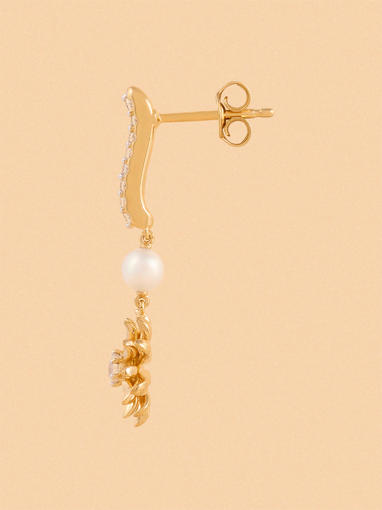 Gold Daisy Pearl Drop Earrings