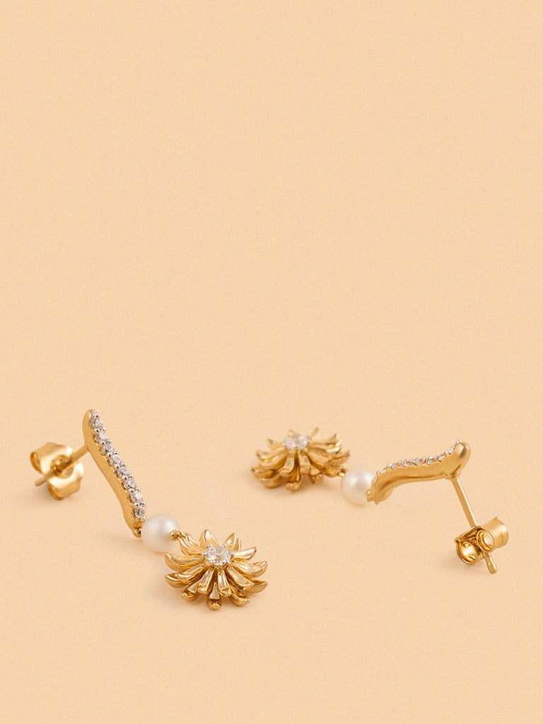 Gold Daisy Pearl Drop Earrings