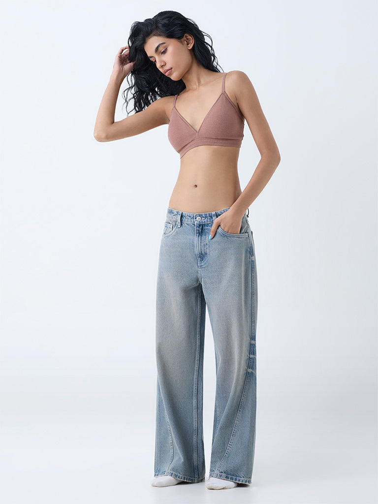 Westside Superstar Women's Brown Waffle-Textured Cotton-Blend Padded Bra for Casual Wear Front View