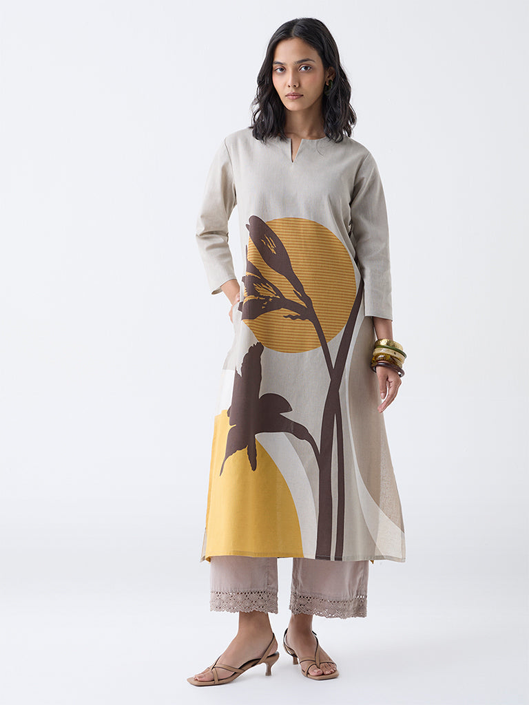 Utsa Taupe Printed A-Line Cotton-Blend Kurta