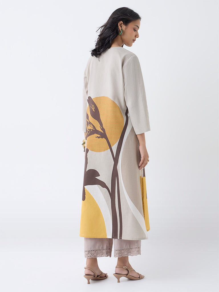 Utsa Taupe Printed A-Line Cotton-Blend Kurta