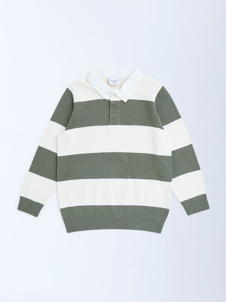 HOP Kids Boys Olive Striped Cotton Polo Sweater