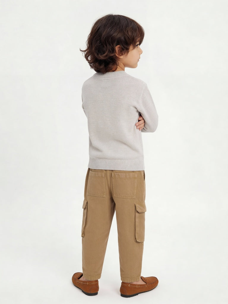 HOP Kids Boys Beige Animal Embroidered Cotton Sweater