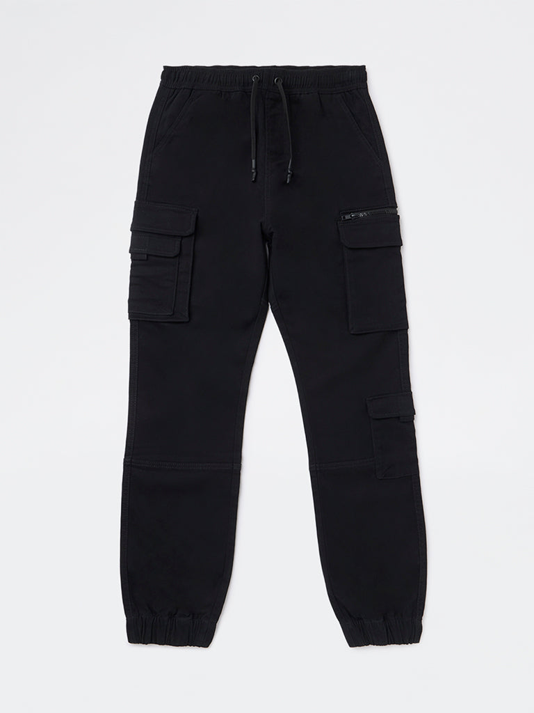 Boys Black Mid-Rise Cotton-Blend Joggers