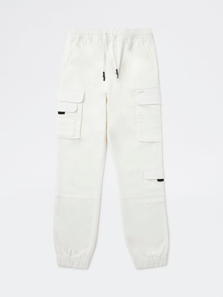 Boys White Cargo-Style Mid-Rise Cotton-Blend Joggers