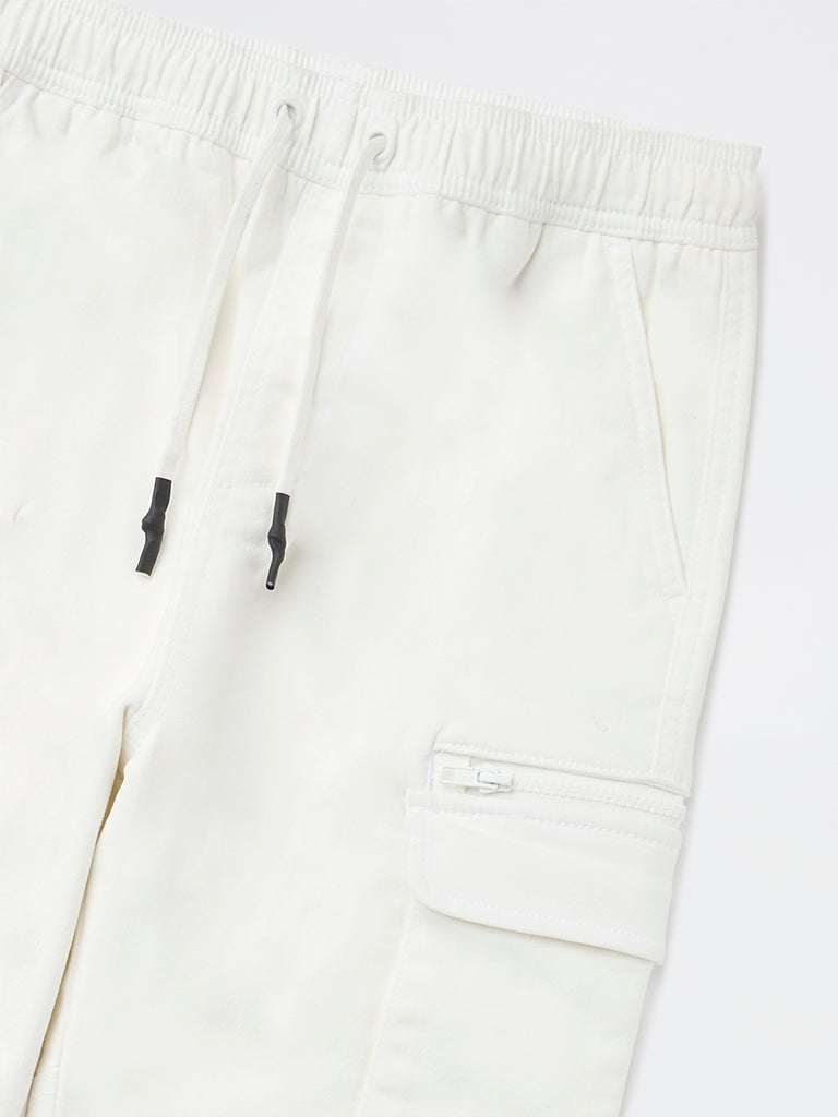 Boys White Cargo-Style Mid-Rise Cotton-Blend Joggers