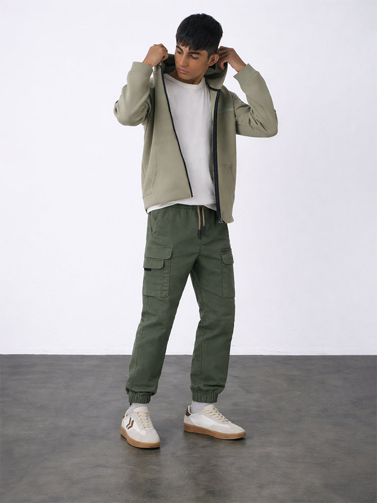 Boys Olive Mid-Rise Cotton-Blend Joggers