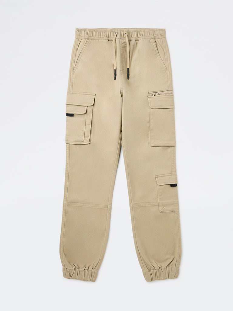 Boys Beige Cargo-Style Mid-Rise Cotton-Blend Joggers