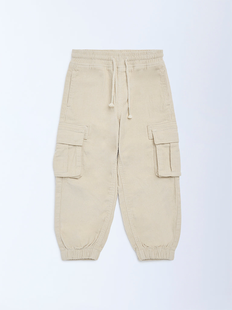 HOP Kids Boys Beige Mid-Rise Cotton-Blend Joggers