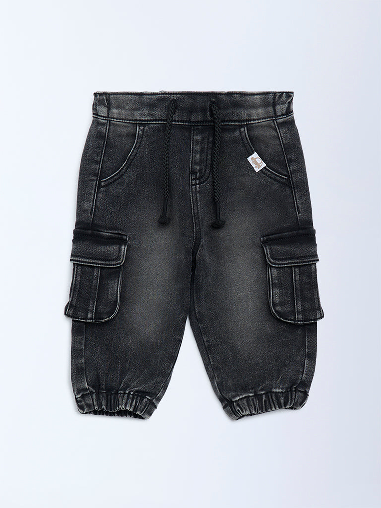 HOP Baby Boys Black Faded Mid-Rise Denim Joggers