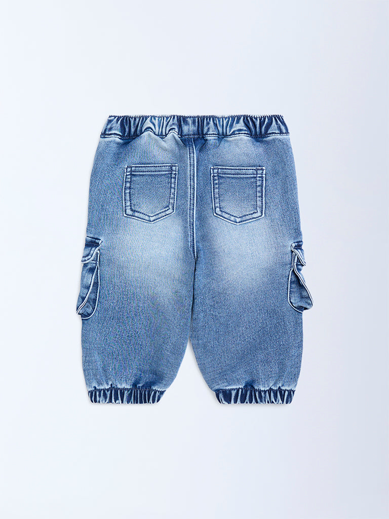 HOP Baby Boys Blue Faded Mid-Rise Denim Joggers