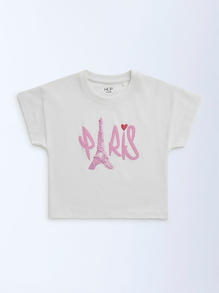 HOP Kids Girls White Typographic Cotton T-Shirt