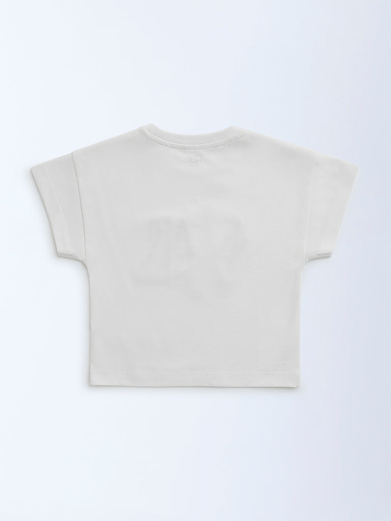 HOP Kids Girls White Typographic Cotton T-Shirt