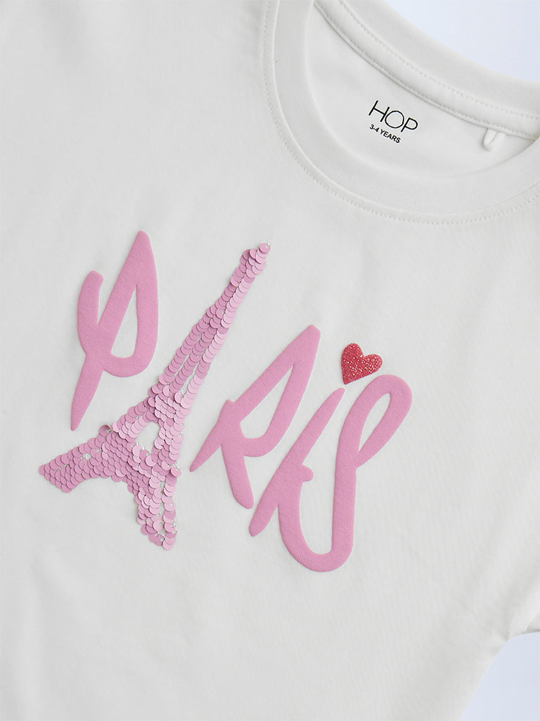 HOP Kids Girls White Typographic Cotton T-Shirt