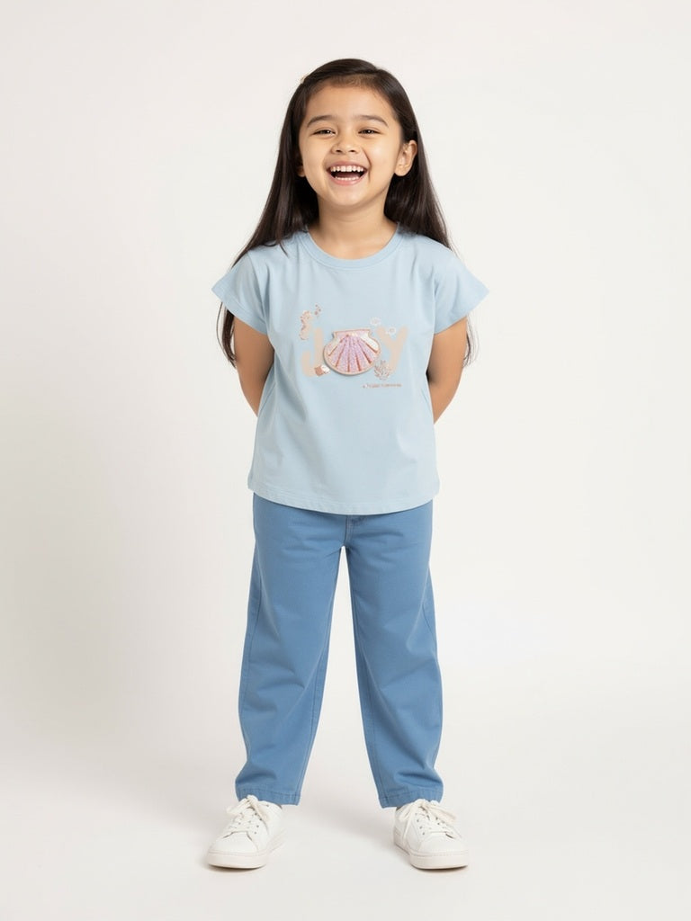 HOP Kids Girls Light Blue Sequin Detailed Cotton T-Shirt
