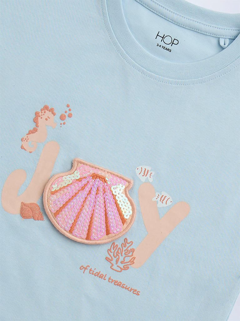 HOP Kids Girls Light Blue Sequin Detailed Cotton T-Shirt