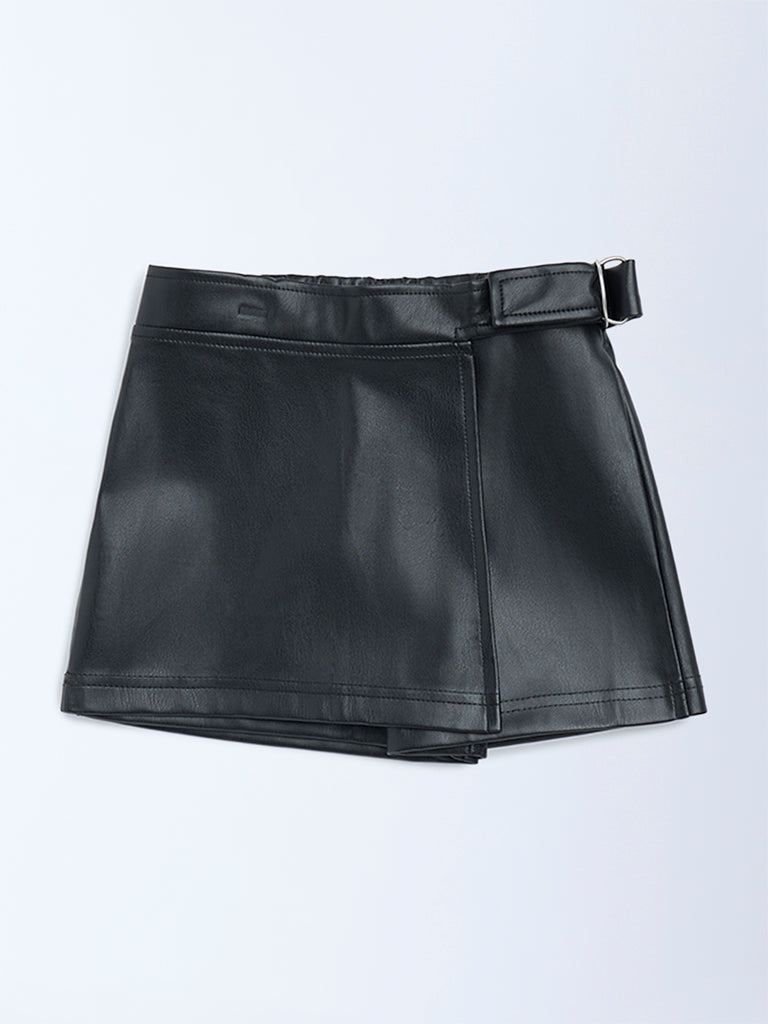 HOP Kids Girls Black Faux Leather High-Rise Skort