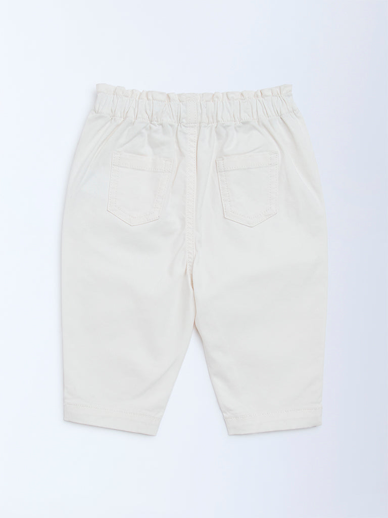 HOP Baby Girls White Solid High-Rise Cotton-Blend Pants