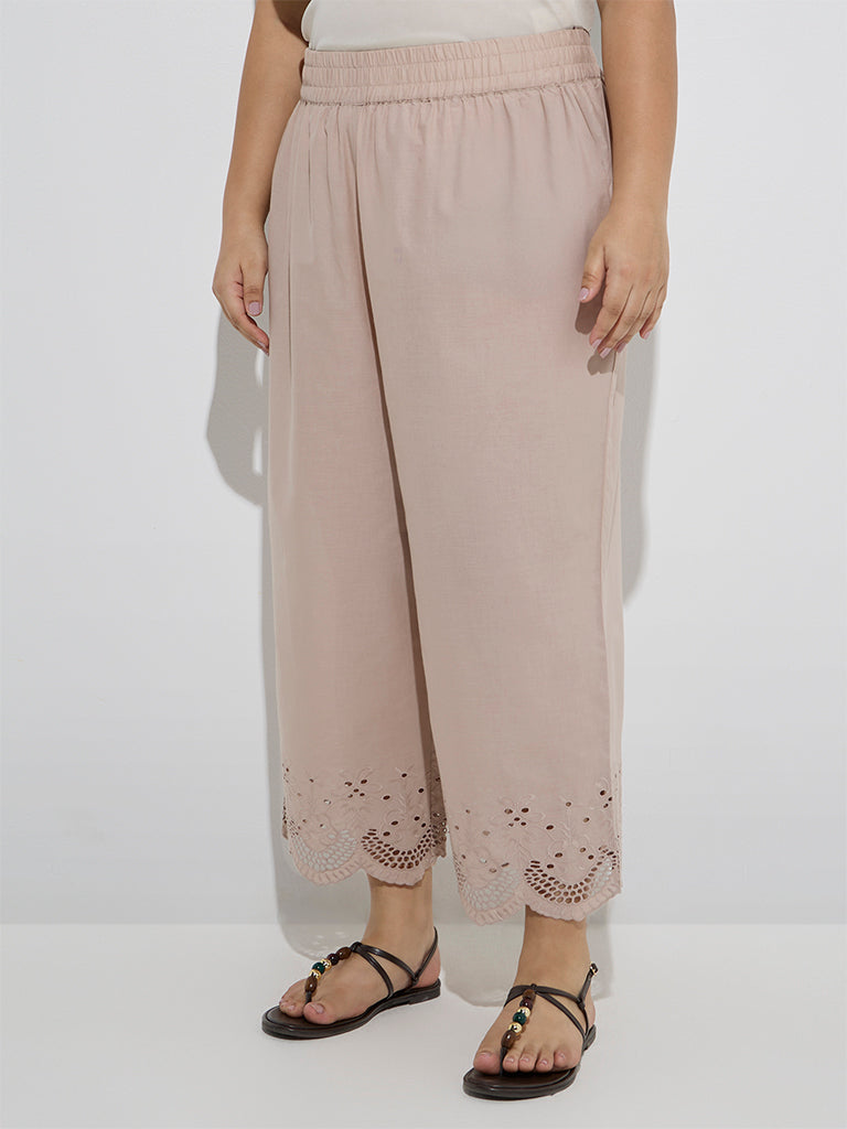 Westside Diza Women's Beige Schiffli Detailed Cotton Ethnic Pants for Work Wear Front View