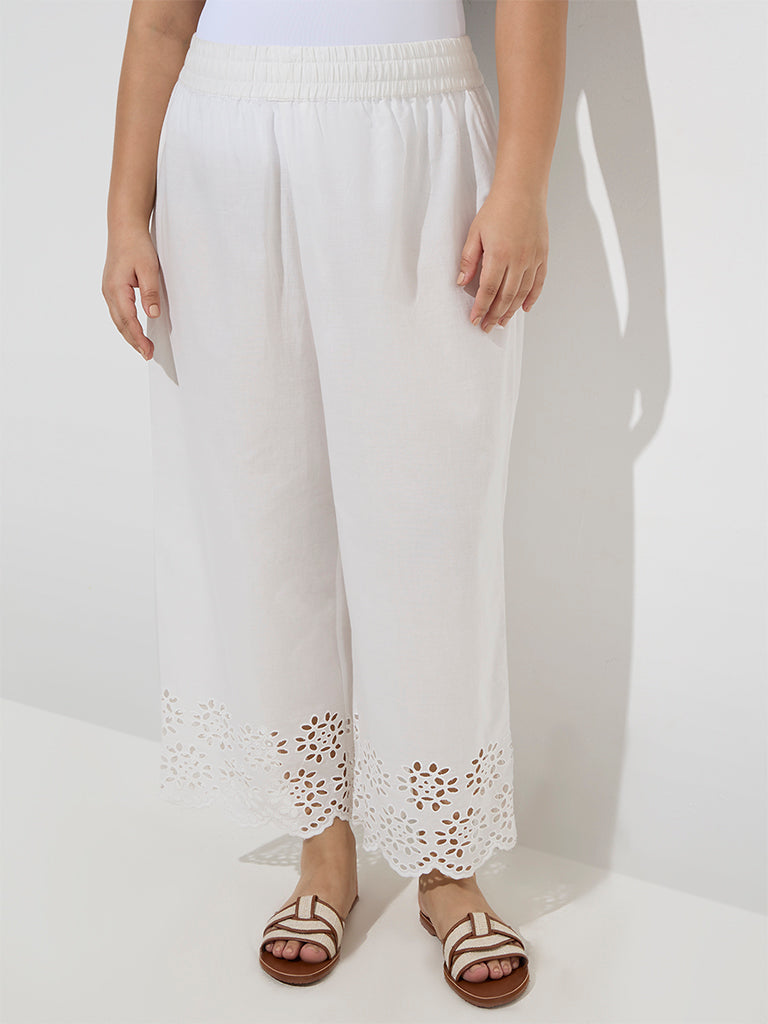 Westside Diza Women's White Schiffli Detailed Cotton Ethnic Pants for Work Wear Front View