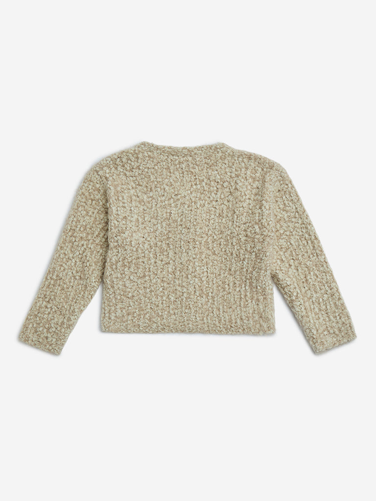 HOP Kids Girls Beige Floral Detailed Fleece Cardigan