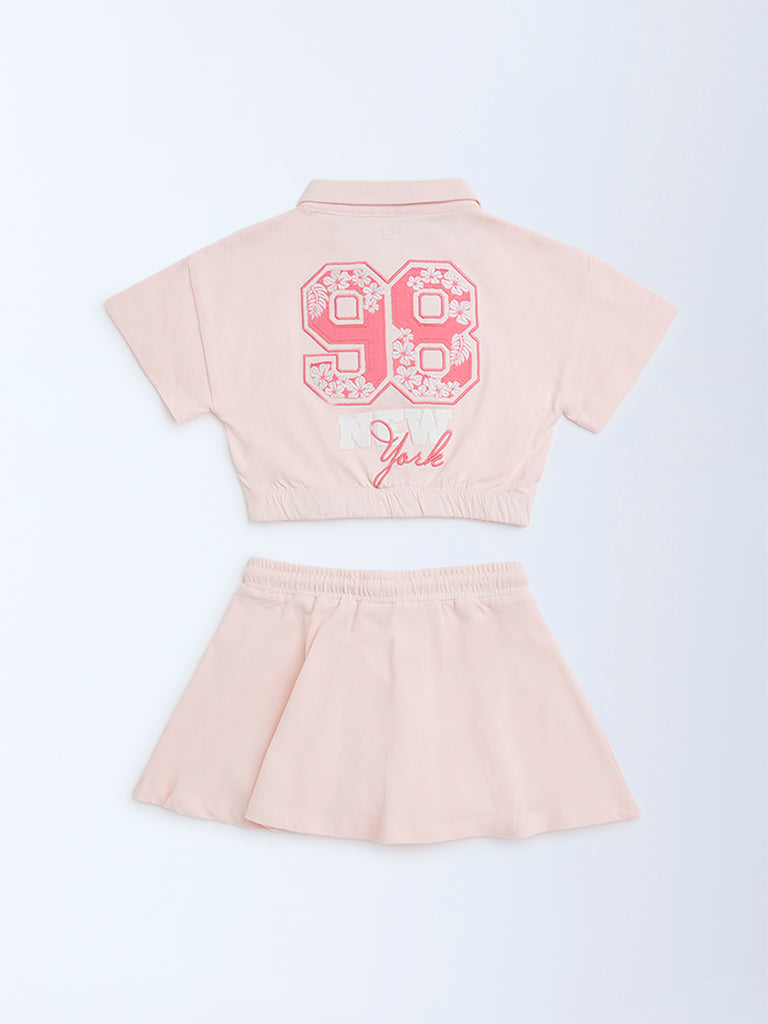 Westside HOP Kids Pink Printed Cotton Polo T-Shirt with Skirt Set for Casual Wear Back View
