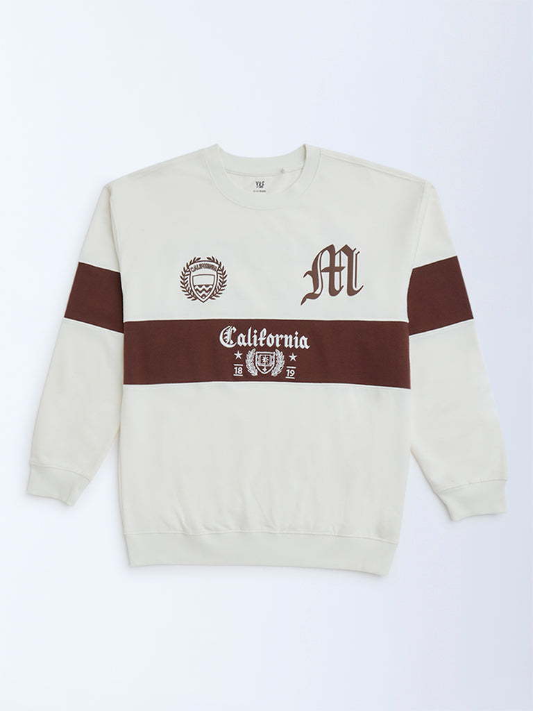 Westside Y&F Boy's White Colour Blocked Cotton-Blend Sweatshirt for Winter Wear Front View